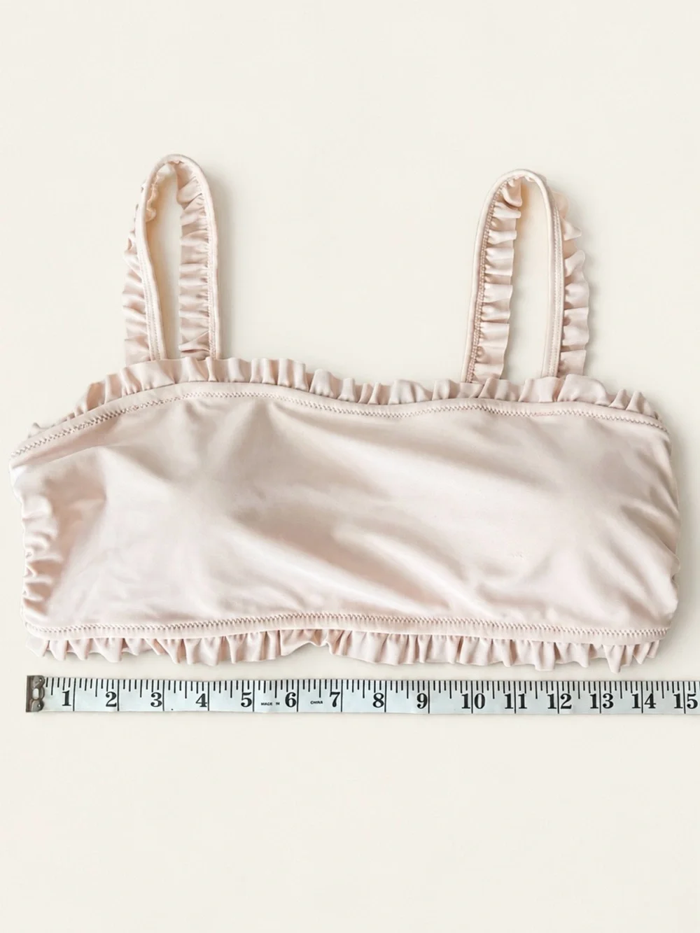 Ruffled Pale Pink Bikini Top with Black & White Striped High-Waist Bottoms